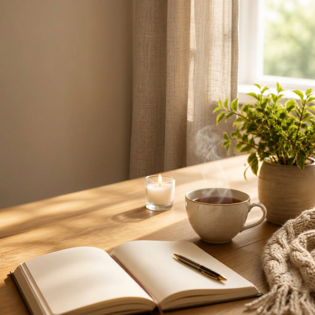 A calm wooden table with a journal and tea in warm light